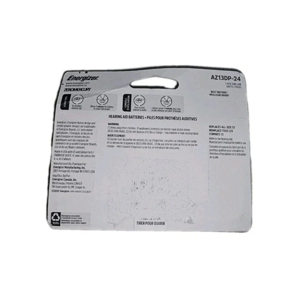 Energizer Zinc Air Hearing Aid Batteries, Size‎ 13, 24-Pack Exp 8/27 #890